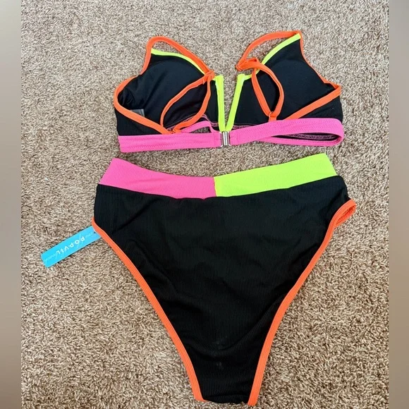 NWT POPVIL bikini ribbed black and neon - Picture 3 of 3
